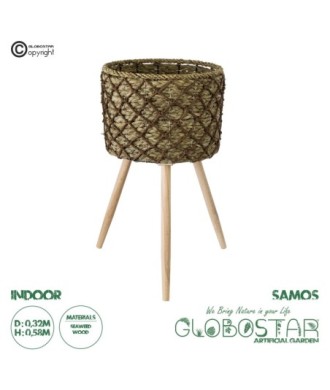 GloboStar® Artificial Garden SAMOS 20305 Διακοσμητικό Πλεκτό Καλάθι - Κασπώ Γλάστρα - Flower Pot Μπεζ με Καφέ Φ32cm x Υ58cm